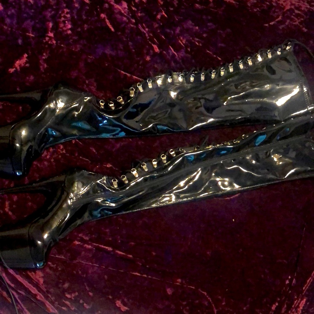 COPY - Sexy Black Lace up Thigh High Platform Stiletto Hell Boots